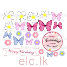 Happy Birthday flowers Cake Scene Wafer Topper Set PINK