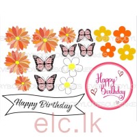 Happy Birthday flowers Cake Scene Wafer Topper Set ORANGE