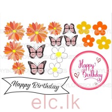 Happy Birthday flowers Cake Scene Wafer Topper Set ORANGE